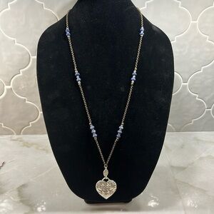 Silver Plated Heart Necklace with Blue Accent Beads.  Costume Jewelry.  Chain 32